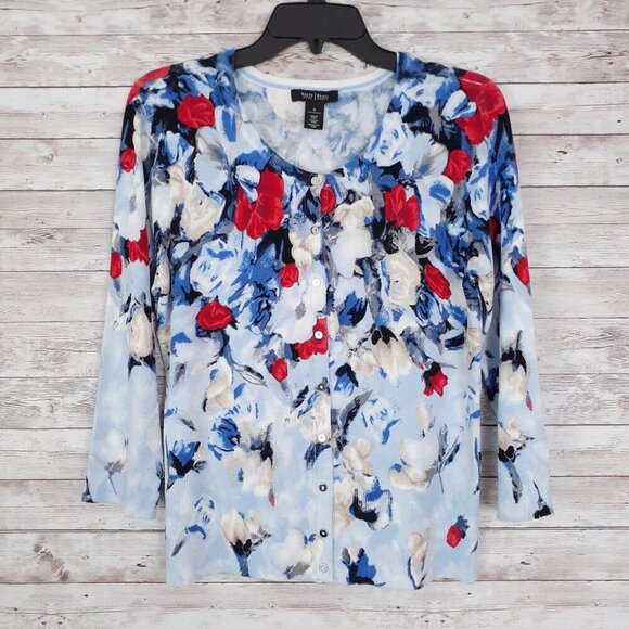 White House Black Market Sweaters - White House Black Market Womens Cardigan M Button Up Floral Red Blue 921